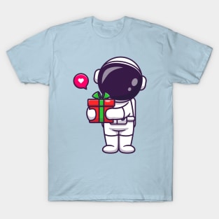 Cute Astronaut Holding Gift Box Cartoon T-Shirt